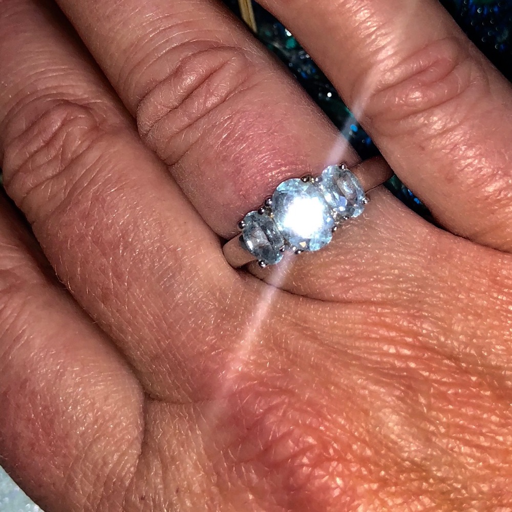3 Stone Aquamarine ring silver lab created